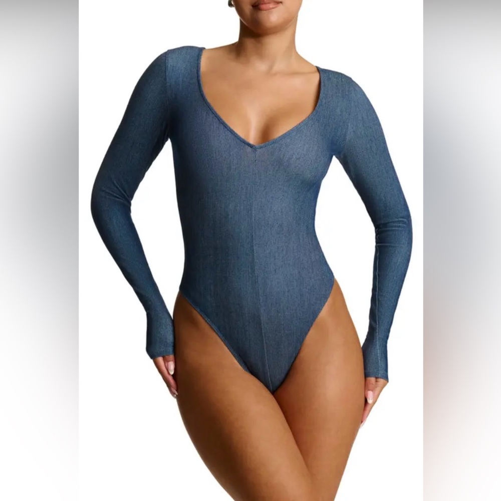Naked Wardrobe Navy Long Sleeve V-Neck Bodysuit